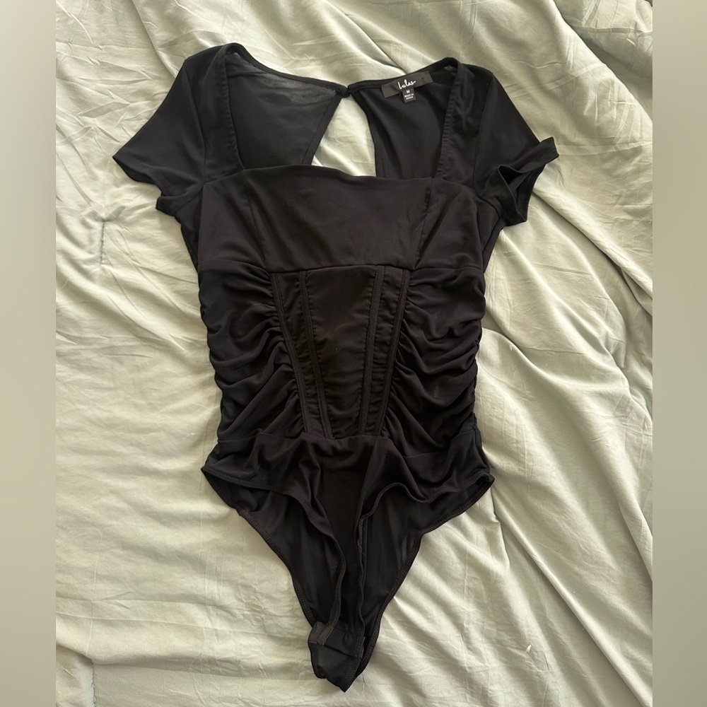 Lulu's Black Bodysuit One Piece with Ruched Detail